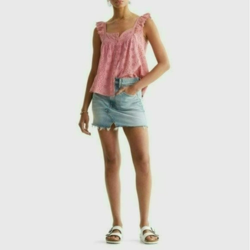 NWT Lucky Brand Embroidered Ruffle Button Down Tank Top - Picture 2 of 10